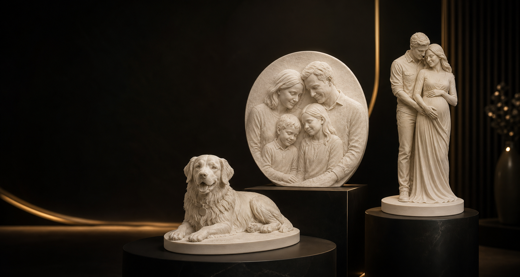Bone-white 3D printed pet, family, and milestone keepsake sculptures in a black and gold gallery setting
